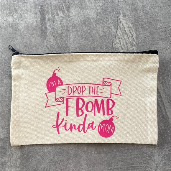 Handcrafted Canvas Cream Cosmetic Bag with Pink Print - Picture 1 of 3
